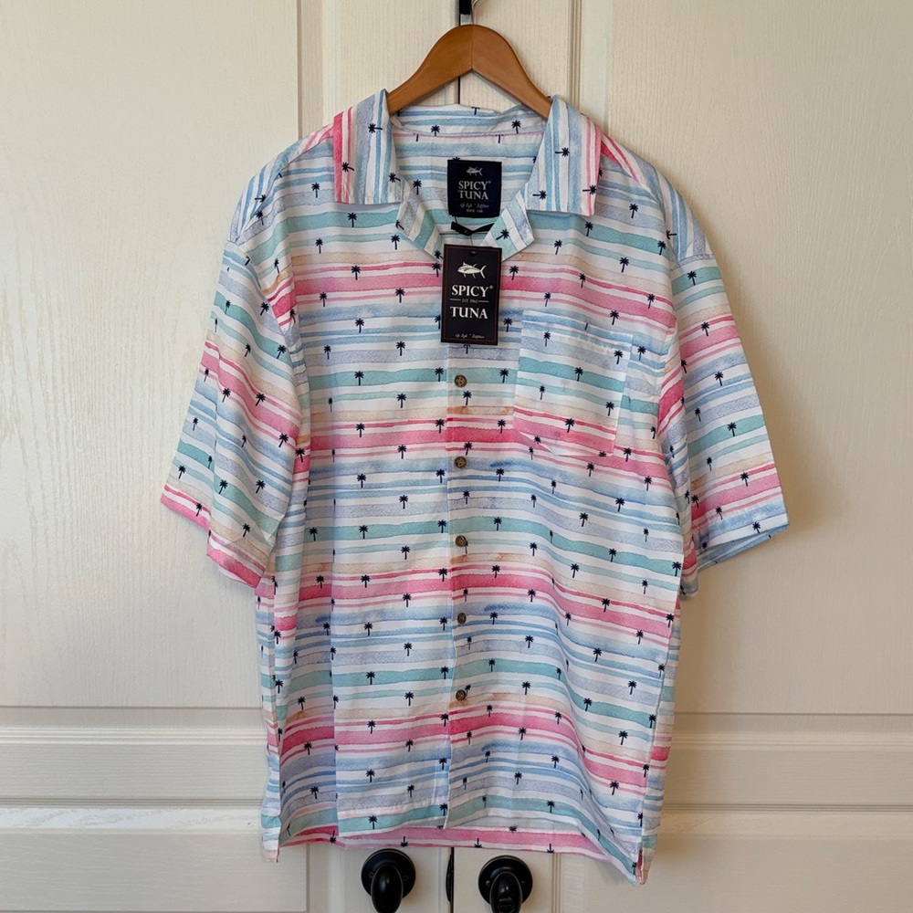 Men’s Tropical Striped Palm Tree Button Down Shirt